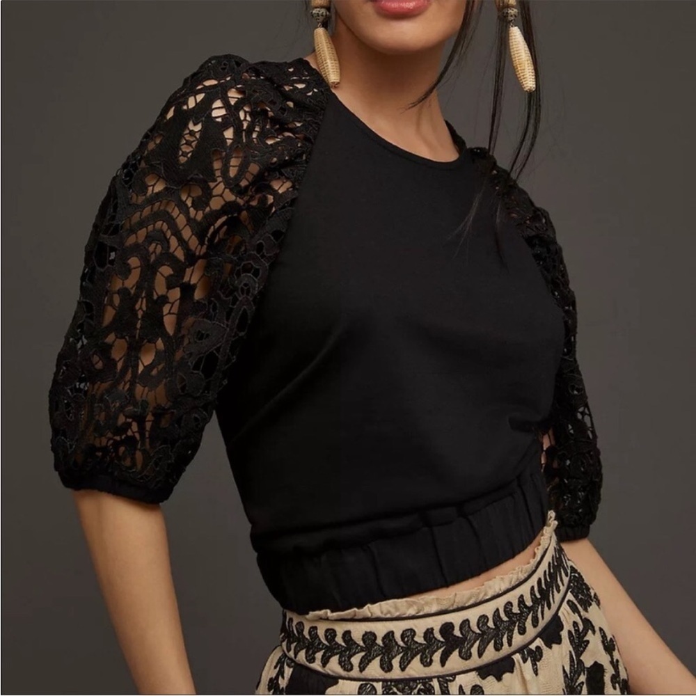 Anthropologie Dolan Puff Sleeve Blouse Crochet Lace Knit Crop Top Black Sz S